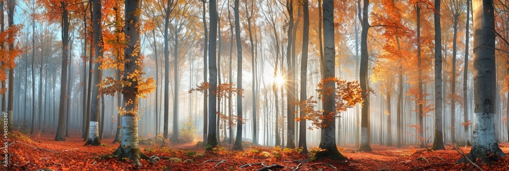 Canvas Prints Majestic Golden Beech Trees Surrounded by Colorful Leaves in a Misty Forest, Captivating Autumn Landscape with Sunlight Filtering Through Tree Trunks, Nature's Eco-Friendly Showcase of Seasonal Beauty