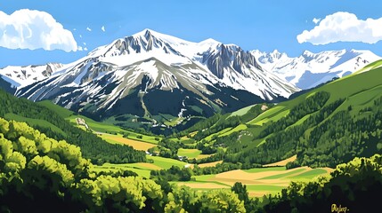 Naklejka premium Hispanic Legacy: Minimalist Art of Spain's Snow-Capped Peaks and Verdant Valleys