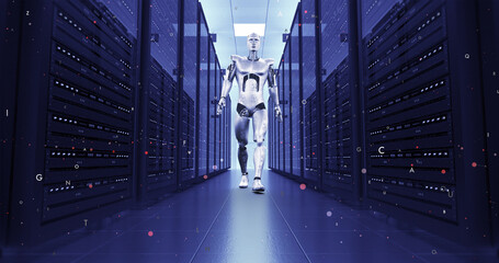 Powerful AI Robot Slowly Walking In A Modern Data Center. Technology Related 3D Render.