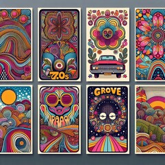 Collection of 70s poster background vector. Set of retro wall decoration, groovy, trippy, colorful line. Vintage hippie wall art for interior, decorative, banner, cover, card. 
