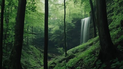 Waterfall in a lush green forest