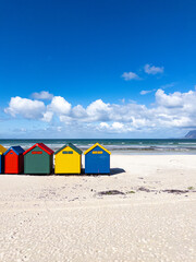 The iconic Muizenberg Beach huts for people to change in and out of bathing suits situated on...
