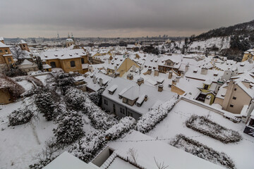Winter aerial view of Mala strana (Lesser quartier) in Prague, Czech Republic