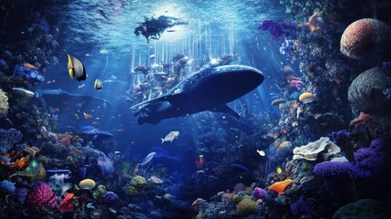 Underwater Paradise: A Whale Shark Swims Through a Vibrant Coral Reef