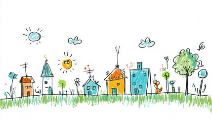 A colorful hand-drawn illustration of a village scene featuring houses, trees, and nature in a playful, childlike style.