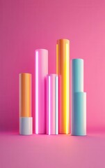 Fototapeta premium Abstract arrangement of tall, glowing neon cylinders in vibrant pink, yellow, and blue shades, set against a pink background.