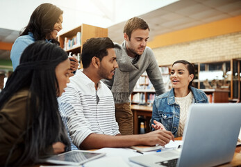 Learning, students and discussion in university library for research project, education and...