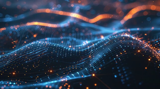 Abstract digital art with blue and orange glowing waves