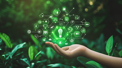Technology, holding hands with environmental Icons via Network connection on green background
