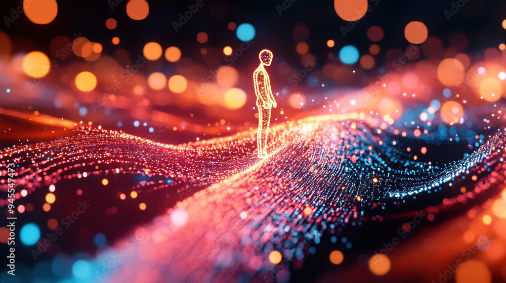 Poster abstract representation of a solitary figure standing on a wave of colorful particles, signifying ex