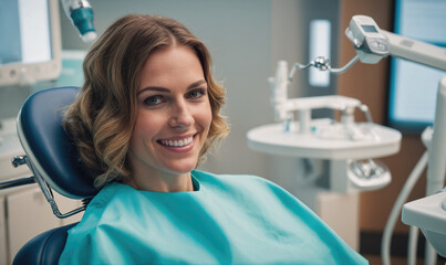 Fototapeta premium A woman smiles confidently while sitting in a dentist's chair