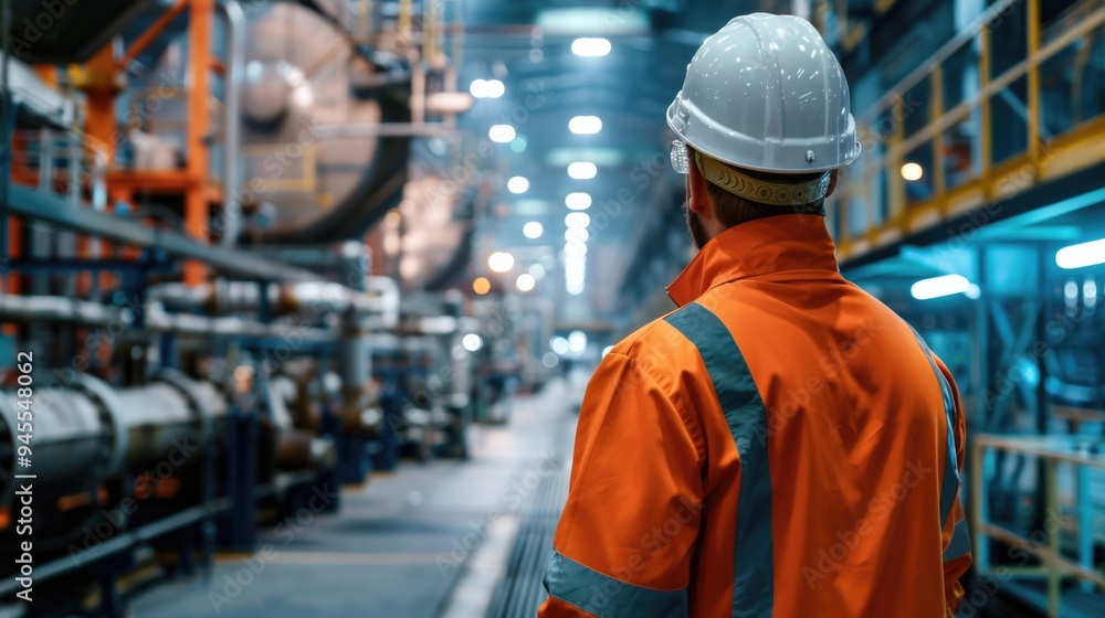 Poster a worker in an orange jacket and hard hat on the job in a factory