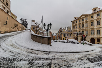 Winter view of Nerudova street in Prague, Czech Republic