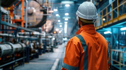 A worker in an orange jacket and hard hat on the job in a factory