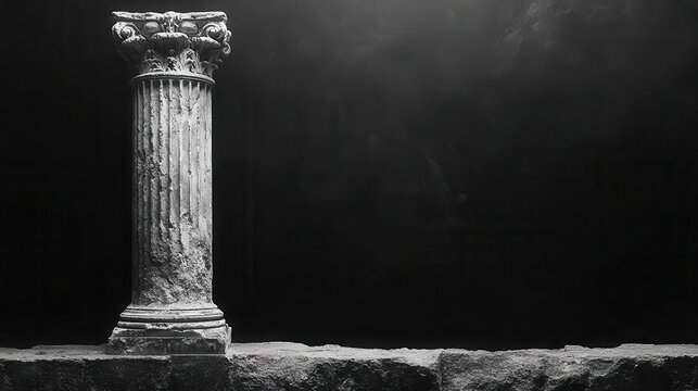 solitary doric column bathed in dramatic chiaroscuro lighting against pure white backdrop symbolizing classical beauty and architectural legacy