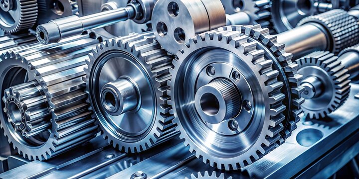 Silver-toned industrial machine's intricate gears mesh together in harmonious motion, showcasing precise engineering and mechanical complexity in a modern, high-tech manufacturing environment.