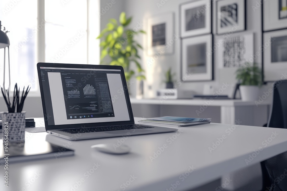 Poster modern office workspace with laptop and data visualization