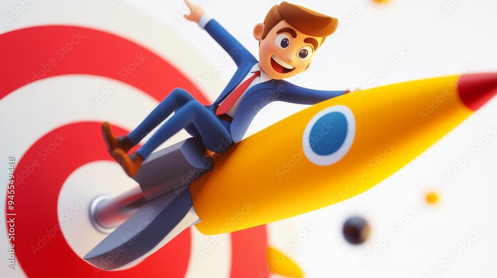 Poster a smiling businessman qadir flies forward with a rocket engine towards a large target.