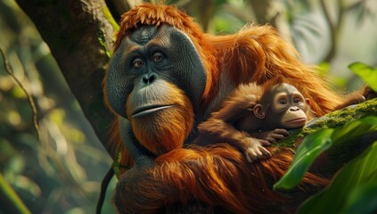 Obraz premium The close-up view of a hairy orangutan mother tenderly holding her baby while perched among the lush greenery of their natural rainforest habitat