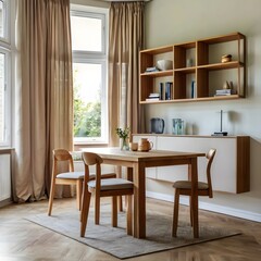 Fototapeta premium Beige home living room interior with eating table and chairs, wooden shelves on the wall above it and beige colored walls. The sun shines through large window