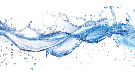 Isolated splashes and droplets of water creating an abstract blue wave on a white background