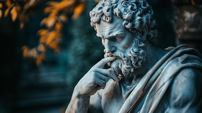 Thoughtful marble statue of a philosopher in a serene garden setting