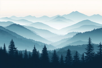Obraz premium silhouette of a mountain range with pine trees, nature vector landscape