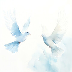 Fototapeta premium Beautiful watercolor illustration of two white doves in flight, symbolizing peace and freedom, set against a soft, cloudy background.
