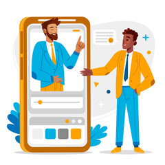 Hand drawn flat character with mobile mockup composition