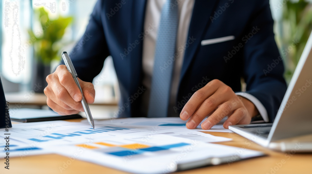 Poster business professional analyzing data on documents while writing notes with a pen in a modern office 