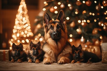 A proud German Shepherd lying down with three adorable puppies in front of a beautifully decorated Christmas tree