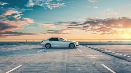 Obraz premium Silver Car Parked in a Parking Lot at Sunset