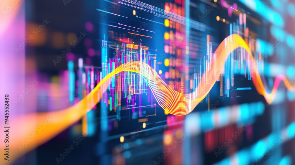 Poster abstract digital waveform visualization representing data flow, technology, and modern analytics wit
