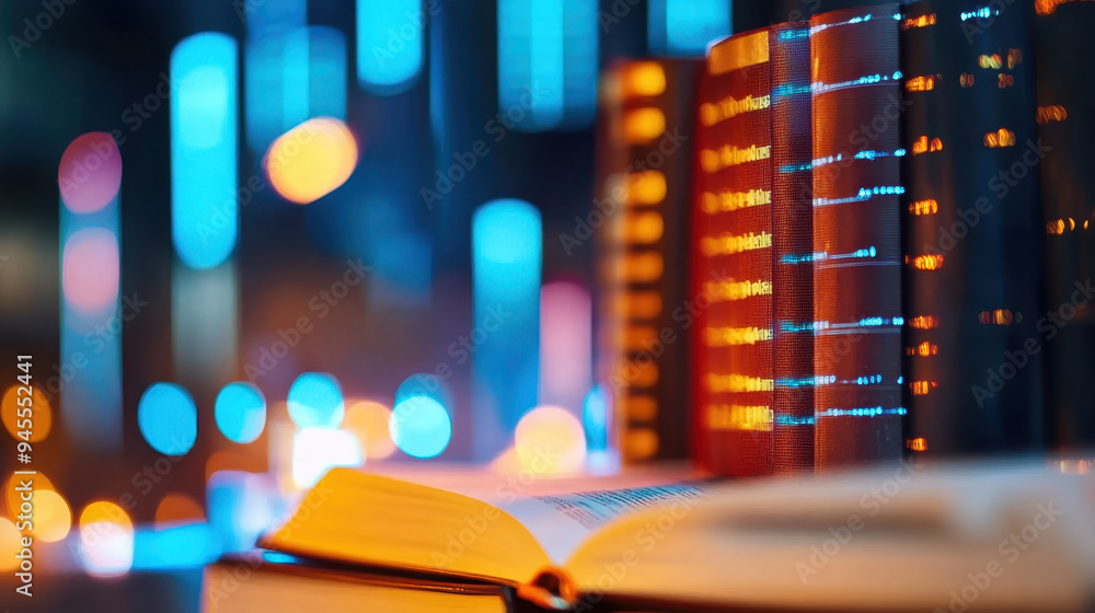 Poster open book in foreground with blurred colorful lights and stacked books in the background creating an