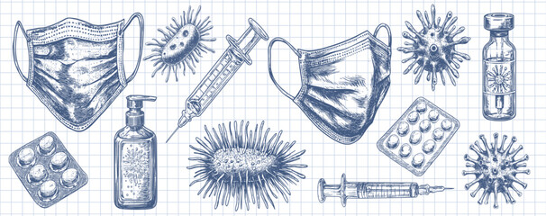 Medical items and viruses. Vector illustrations of various medical items such as masks, syringes, pills, antiseptic and viruses, hand-drawn