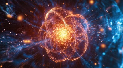 Scientific depiction of atomic fission with particles dispersing and energy waves radiating, illustrating a nuclear reaction.