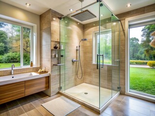 Sleek, modern glass shower enclosure with rain showerhead and handheld spray, surrounded by gleaming chrome fixtures and ambient natural light, evoking a sense of luxury.