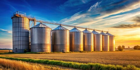 Obraz premium Close-up of grain silos against a peaceful rural landscape, grain silos, agriculture, rural, countryside, farmland