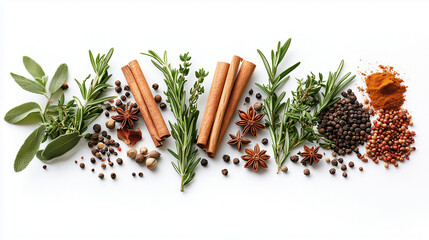 A collection of assorted herbs and spices, including rosemary, thyme, cinnamon sticks, and star anise, spread out on a white background