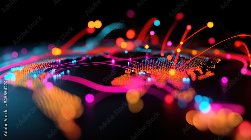 Poster abstract visualization of a global network with glowing lines and dots representing data connections