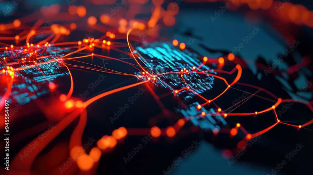 Poster futuristic digital map with glowing network connections and illuminated nodes representing global da