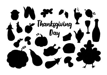 Set of black silhouettes: vegetables and fruits, turkey, teapot, pie, eggplant, pumpkin, mushroom, acorn, mulled wine, bottle, glass, apple, pear, corn, pomegranate. Thanksgiving icons