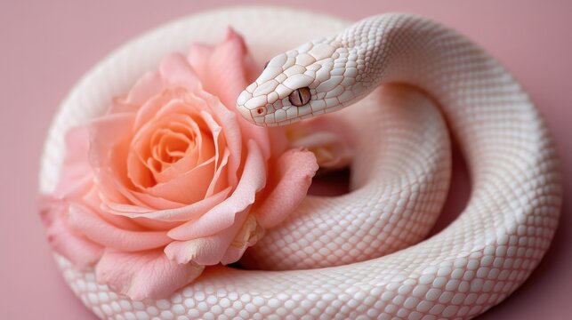 Serpentine elegance: a white snake entwined with a rose, evoking a blend of delicate and dangerous beauty.