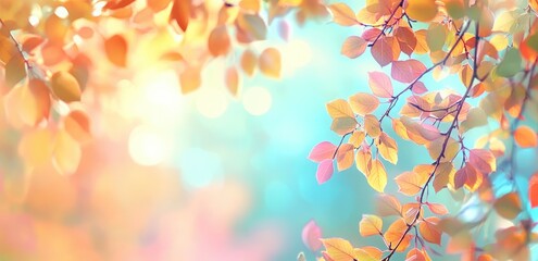Obraz premium Colorful Autumn Leaves on Tree Branch Against Softly Blurred Blue Sky, Serene Landscape with Seasonal Beauty