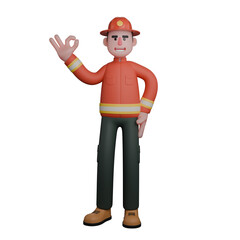 3D Firefighter Male in Professional Setting. A firefighter stands confidently with a smile, raising his right hand to form an 