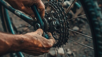 Close-up of hands adjusting or repair a bicycle system, ensuring it functions smoothly in a shop.