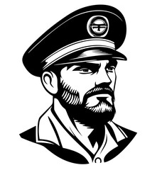 Vintage monochrome marine label with seaman in sailor captain. Bearded ship captain peaked cap for marine nautical logo design for sailor	
