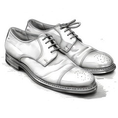 A hand-drawn illustration of two white leather cap-toe oxford shoes. The shoes are depicted in detail with intricate stitching and laces