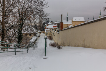 Winter view of Na Naspu street in Prague, Czech Republic