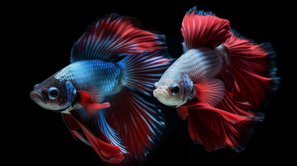 Fototapeta premium Colorful Siamese Fighting Fish with Flowing Fins on Black Background